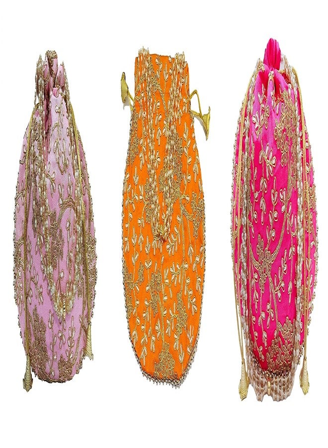 athizay 3 Pcs Potli bags (Orange,Rani,Baby Pink Potli bags Combo) for women handbags traditional Indian Wristlet with Drawstring Ethnic Embroidery Women Fashion Potli - Image 1